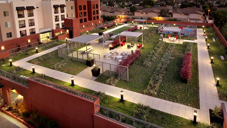 LiveRoof® Hybrid Green Roof System on top of Jamboree's Park Landing Apartment Homes in Buena Park, CA
